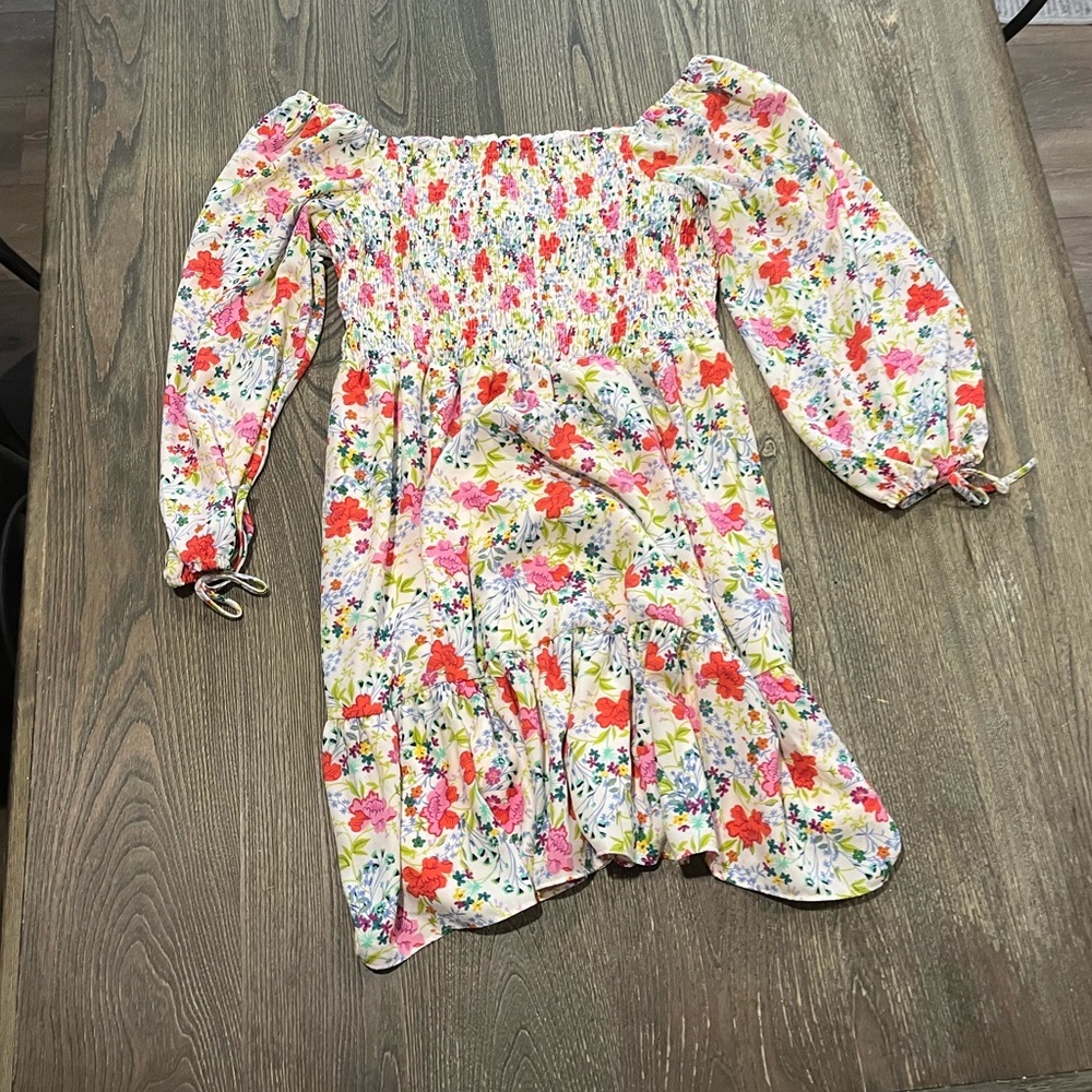 LC Lauren Conrad Smocked Mini Dress Balloon Sleeves Floral Multicolor Large